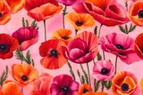 Red, Orange and Pink Poppy Flowers Laying on Pink Watercolor Fabric