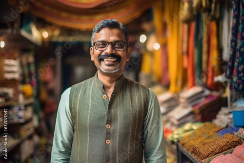 Lifestyle portrait of an Indian man in his 40s in his 40s wearing a cardigan in an indian market or bazaar photo