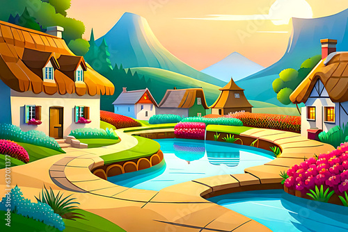 Design a charming cartoon village landscape background with cozy cottage