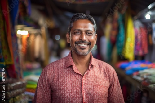 Lifestyle portrait of an Indian man in his 40s in his 40s wearing a foulard in an indian market or bazaar © Leon Waltz