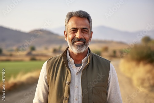 Medium shot portrait of an Indian man in his 40s in his 40s wearing a cardigan in an indian rural landscape