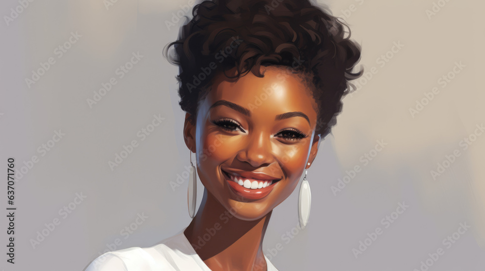 Joyful Dark-Skinned Woman with Short Hair, Comic Style Illustration Joyful Dark-Skinned Woman with Short Hair, Comic Style Illustration