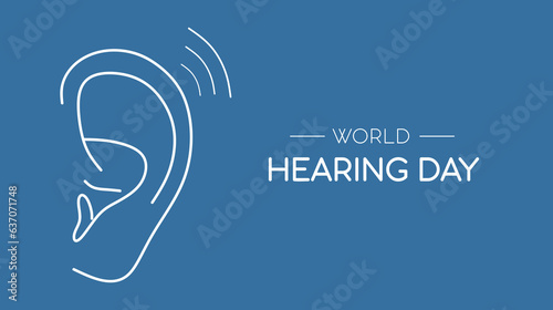 World Hearing Day. Hand drawn Ear on blue background with place for text for banner, card, poster. International Ear Care Day. Ear health care. Vector illustration
