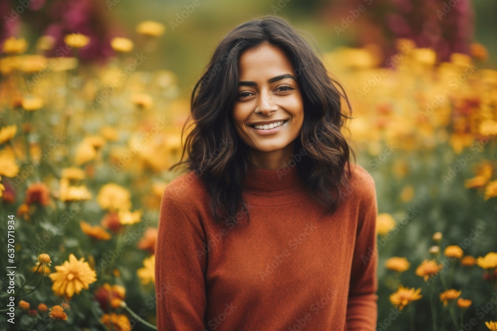Happy young woman in orange sweater standing in blooming flower garden. Happy young woman in orange sweater standing in blooming flower garden.