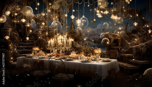 Festlicher Tisch zu Weihnachten warmes goldenes Licht