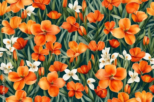 Seamless pattern flower with watercolor.Designed for fabric and wallpaper, vintage style.Blooming orange floral painting for summer.Flower freesia background.Tropical plants background