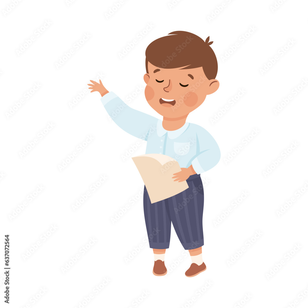 Little Boy Character Standing and Tell Story or Recite Poetry from Paper Vector Illustration