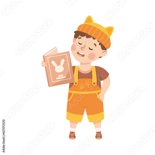Little Boy Character Standing and Tell Story or Recite Poetry from Book Vector Illustration