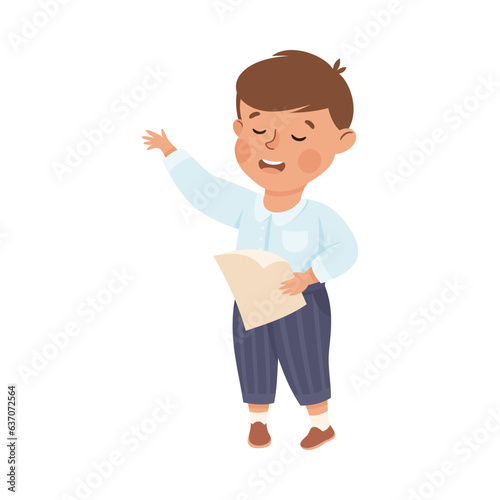 Little Boy Character Standing and Tell Story or Recite Poetry from Paper Vector Illustration