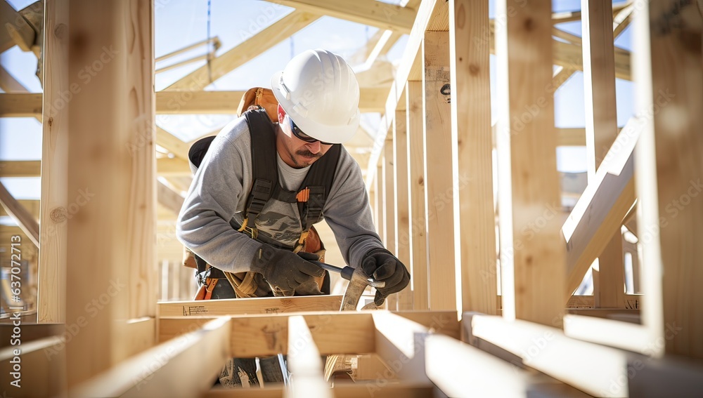 Construction worker working on a roof of a new residential house with a wooden frame Construction worker working on a roof of a new residential house with a wooden frame