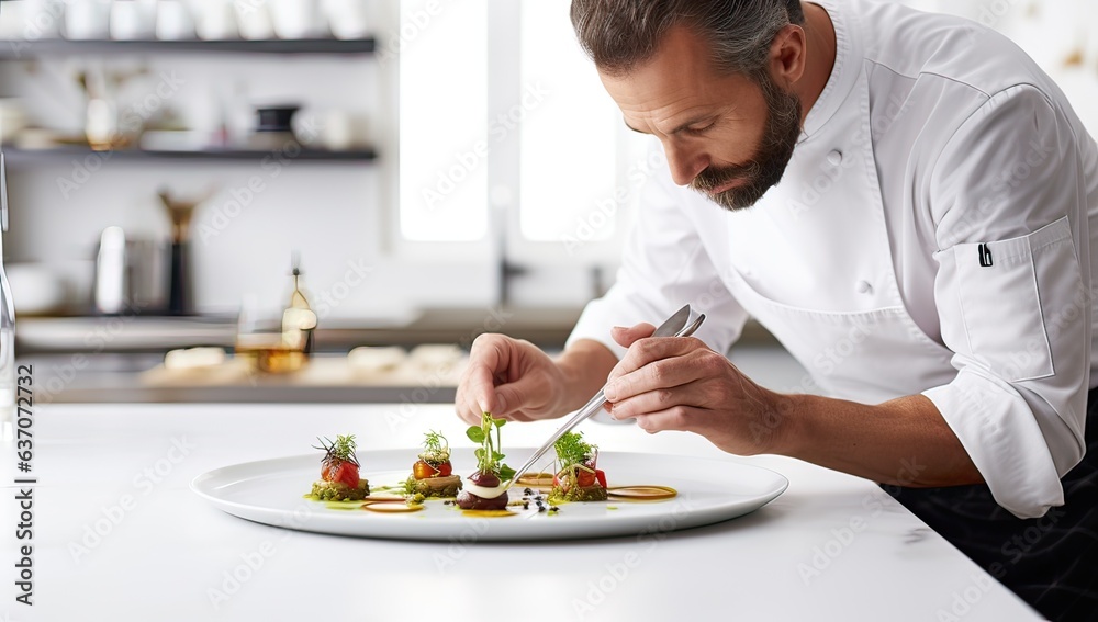 Restaurant menu. Cheerful male chef preparing delicious dish while standing in the kitchen - obrazy, fototapety, plakaty 