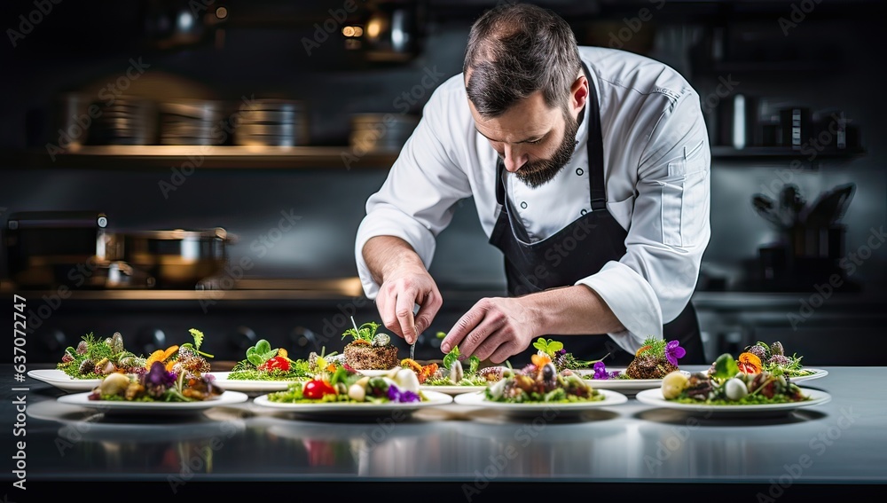 young male chef decorating vegetable salad in modern kitchen at hotel or restaurant
