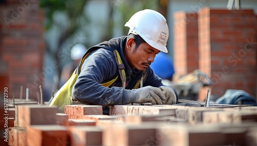 construction worker laying bricks on construction site