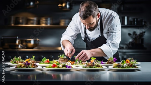 young male chef decorating vegetable salad in modern kitchen at hotel or restaurant