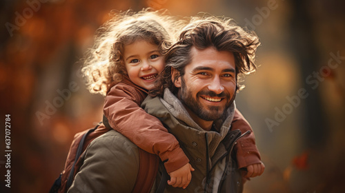 a father with a beard with his small child on his back in autumn.