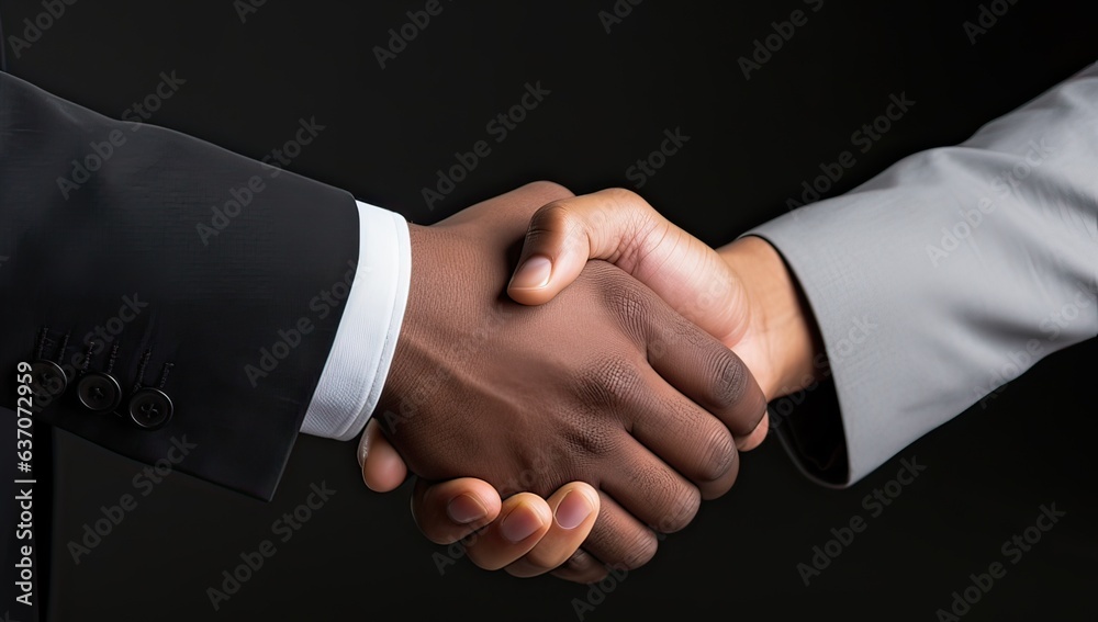 Partnership concept. Closeup of two businessmen shaking hands over black background