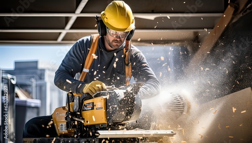 Worker using a circular saw to cut a wooden board at a construction site