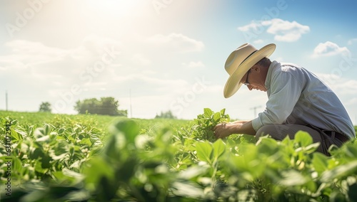 Farmer examining soybean plants in the field on a sunny day