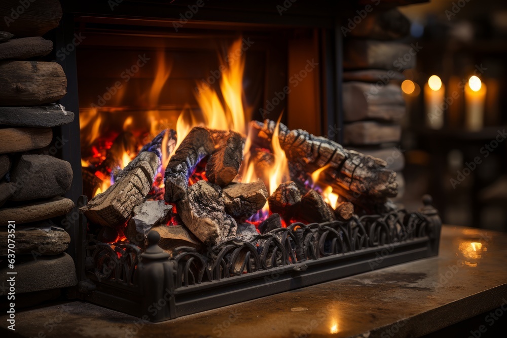 fireplace in a cabin in winter
