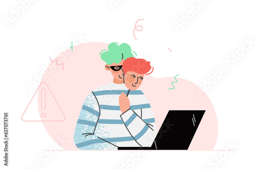 Liar and Internet Fraud with Man Thief at Laptop Steal Money from Card Vector Illustration
