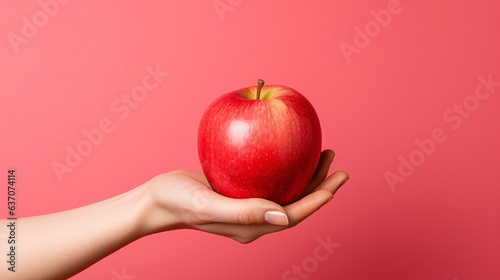Hand holding apple against red gradient background with text space.