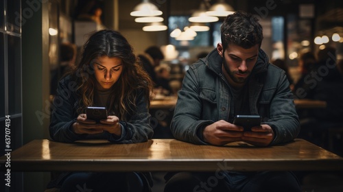 Concept of Emotionless Interaction. Two people sit across from each other at a cafe table  both absorbed in their phones  disconnected from the real world.