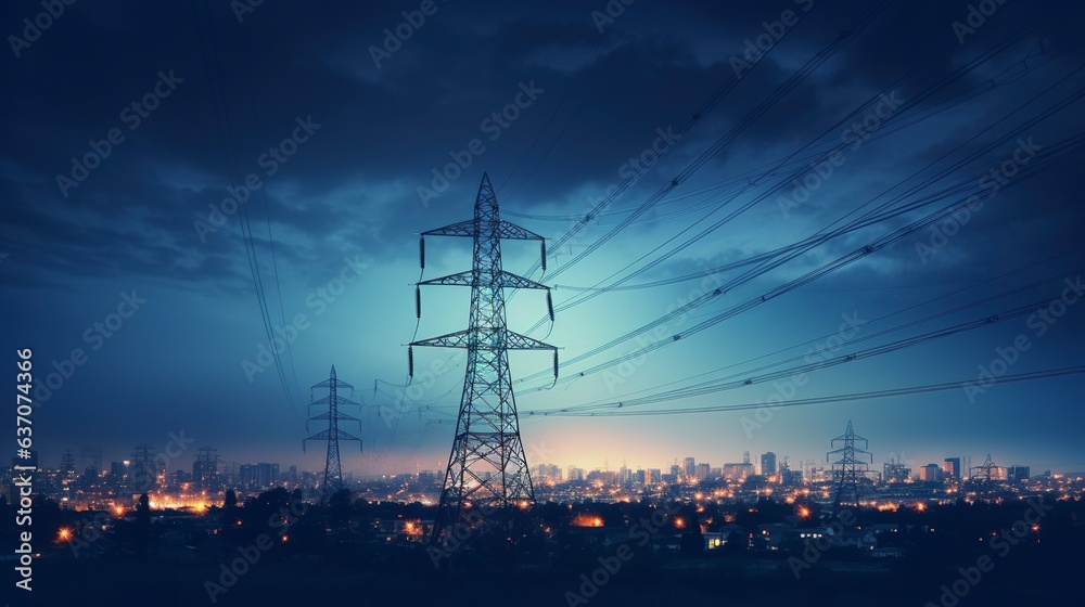 Fototapeta premium A high-voltage tower and power lines amidst the abstract blur of city lights at night