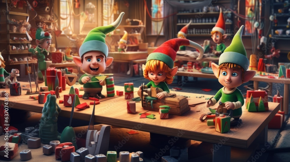 Santa Claus and elf with presents in a workshop. Christmas background. . Christmas Greeting Card. Christmas Postcard. The interior of the Christmas market. - obrazy, fototapety, plakaty 