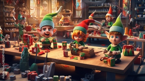 Santa Claus and elf with presents in a workshop. Christmas background. . Christmas Greeting Card. Christmas Postcard. The interior of the Christmas market.