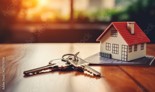 Keys on the table beside tiny house against the background of sunset and large windows. Buying new home.