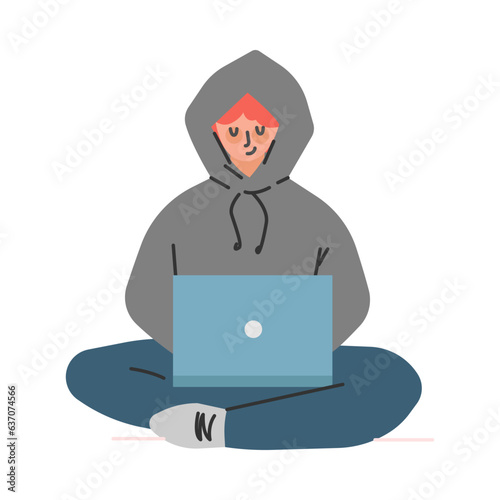 Liar and Internet Fraud with Man Thief at Laptop Steal Money Vector Illustration