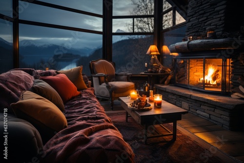 interior of a comfortable living room in a cabin in the