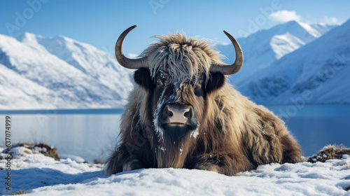 a wild yak (Bos mutus) in the snow in winter. photo