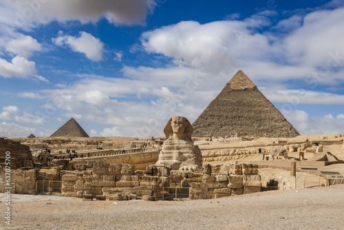 Giza Pyramids and Sphinx on a rare cloudy day - Cairo, Egypt	