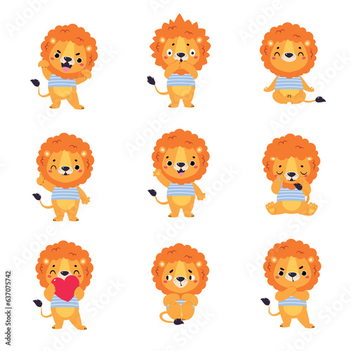 Cute Lion Character with Mane Engaged in Different Activity Vector Set