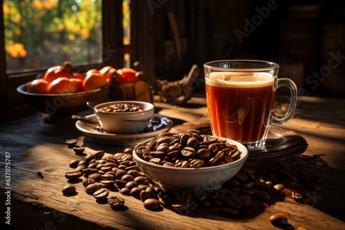 coffee beans next to a cup