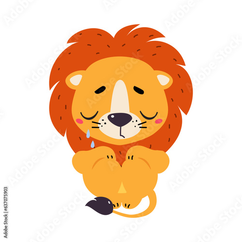 Cute Lion Character with Mane Sit and Cry Vector Illustration