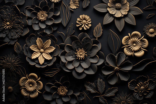black texture background with flowers. Generative AI