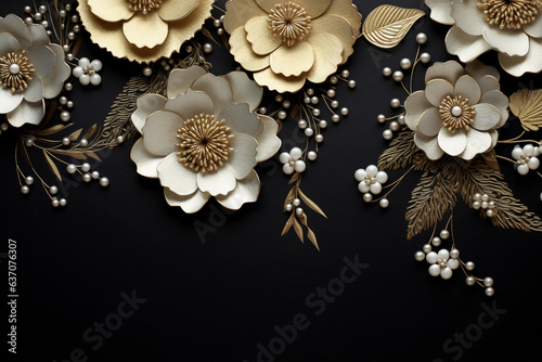 luxury black texture background with flowers and pearls. Generative AI