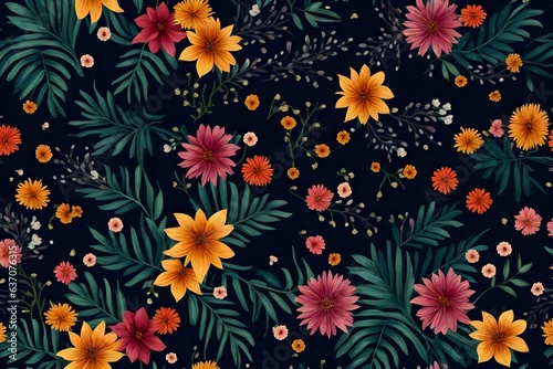 Trendy Floral pattern with many kind of flowers. Tropical botanical motifs scattered randomly. For fabric with drawn style on dark background