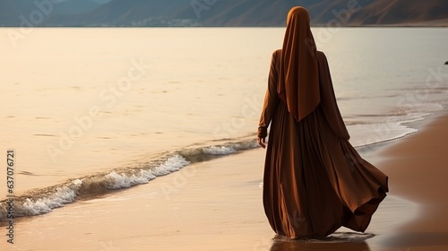 A Muslim woman in a veil or veil walks along the beach near the ocean. Tourist trip with religious restrictions. Beautiful girl representative of religion. photo