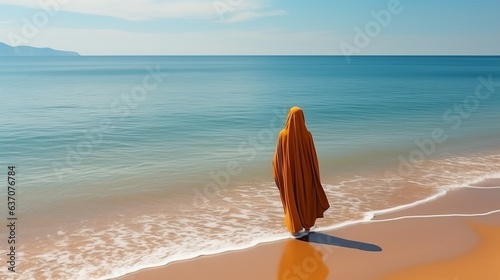 A Muslim woman in a veil or veil walks along the beach near the ocean. Tourist trip with religious restrictions. Beautiful girl representative of religion.