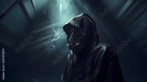 A Mysterious Figure in a Gas Mask and a Black Cloak Generative AI