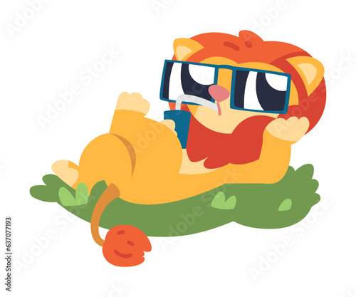 Cute Lion Character with Mane Lying in Sunglasses Drink Juice Vector Illustration
