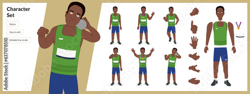 Illustration of male black athlete with gold medal in a set of multiple poses. Easy to edit with editable line strokes and isolated on white background. Suitable for animation. 