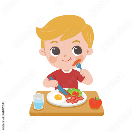 A Little boy happy to eat breakfast in the morning. Concept of Health and growing children.
