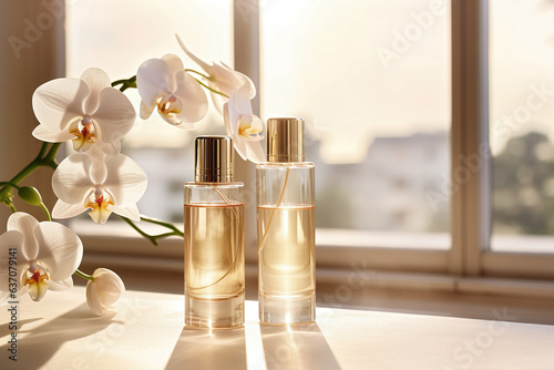 A bottle of perfume on the window of the house on a beige background, with some flowers and orchids, front photo, natural light, concept of relaxation, beauty, health and wellness.