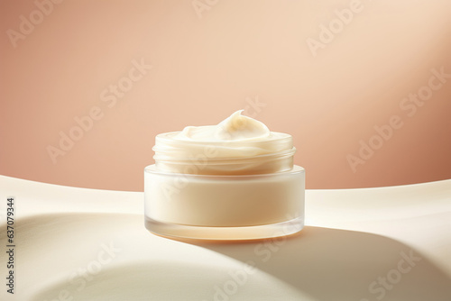 White skin cream product jar, light clean beige background,  cosmetic product mokeup on pastel background.