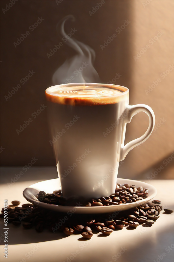 Luxurious setting with cup of fresh coffee with smoke coming from it. Luxurious setting with cup of fresh coffee with smoke coming from it.