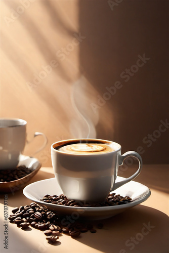 Luxurious setting with cup of fresh coffee with smoke coming from it.